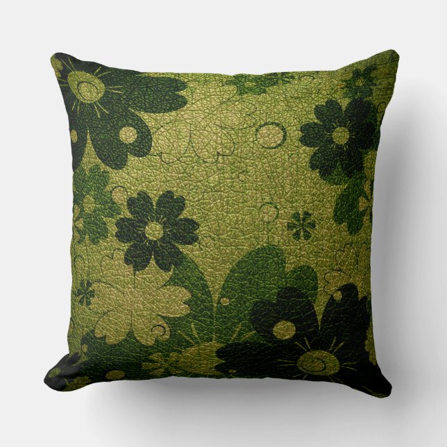 Green Floral Leather Throw Pillow (Front)