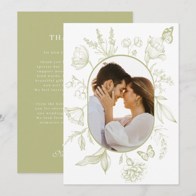 Green Floral Line Art Floral Butterfly Photo Thank You Card (Front/Back)