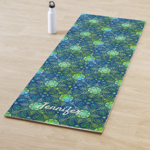 Green Floral Mandala Pattern on Navy Blue Yoga Mat