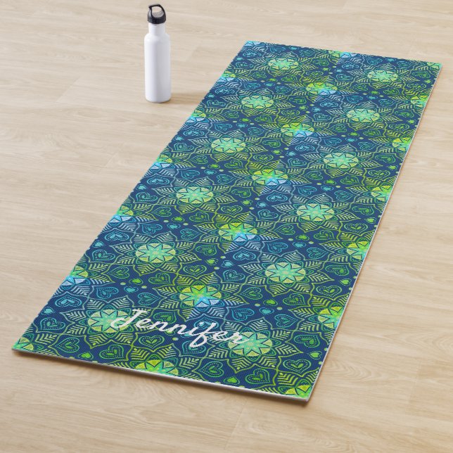 Green Floral Mandala Pattern on Navy Blue Yoga Mat (In Situ)