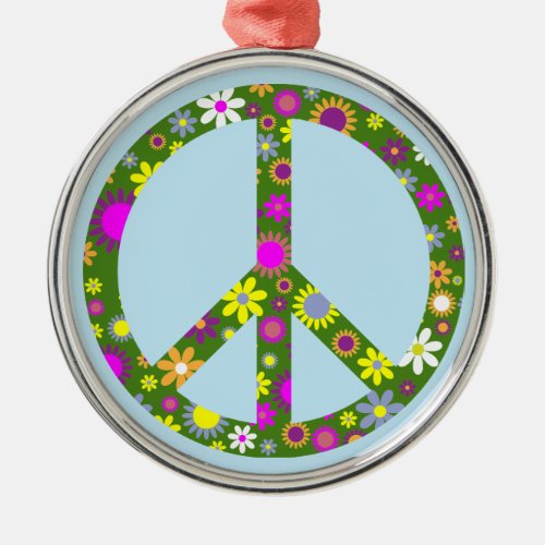 Green Floral Mod Peace Sign Hippie Style Blue Metal Ornament