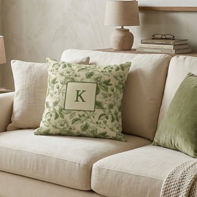 Green Floral Monogram Vintage Botanical Throw Pillow (Creator Uploaded)