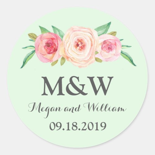 Green Floral Monogram Wedding Classic Round Sticker