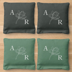 Green Floral Monogram Wedding Cornhole Set Cornhole Bags