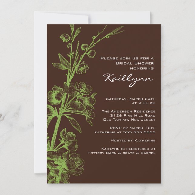 Green Floral on Brown Bridal Shower Invitation (Front)