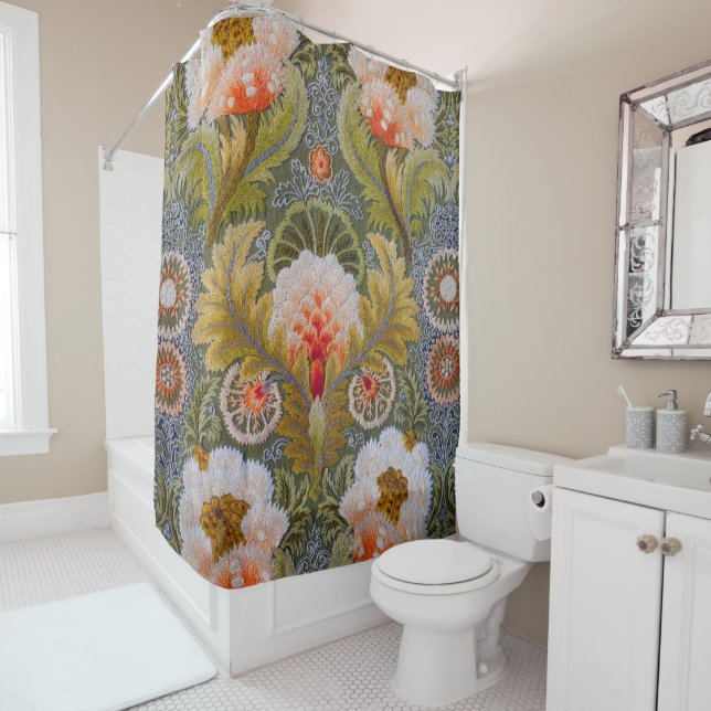 Green Floral Ornaments Shower Curtain (In Situ)