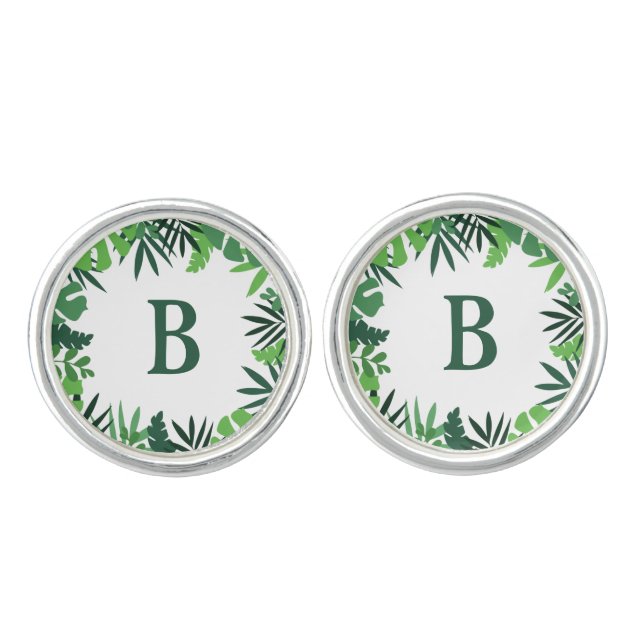Green floral palm leaves add monogram  cufflinks (Front)