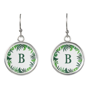 Green floral palm leaves add monogram lette earrings
