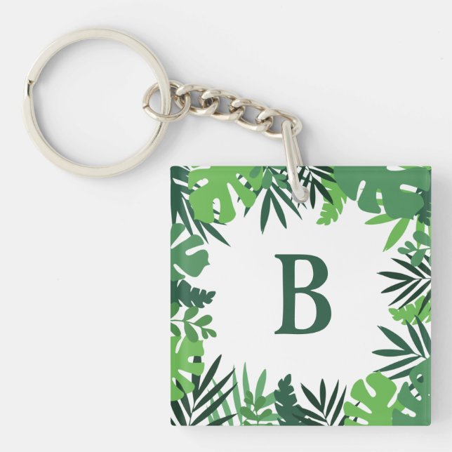 Green floral palm leaves add monogram letter keychain (Front)