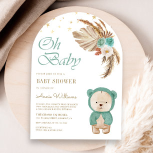 Green Floral Pampas Teddy Bear Arch Baby Shower Invitation