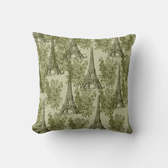 Green Floral Paris Eiffel Tower Throw Pillow (Front)