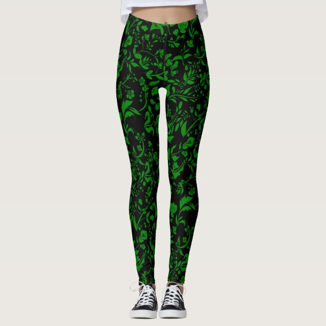 Green Floral Pattern G01. Black BG Leggings (Front)