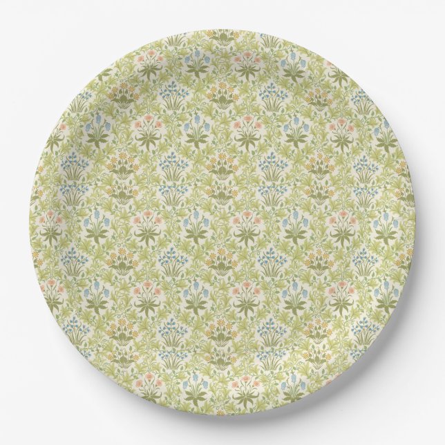 Green floral pattern girlyclassic grandmillenial paper plates (Front)