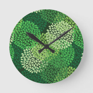 Green floral pattern round clock