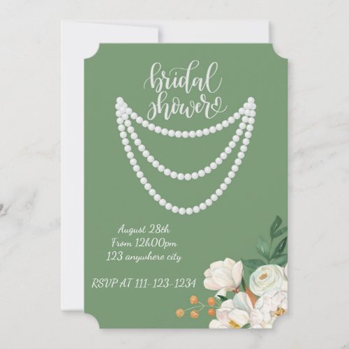 Green floral pearls bridal shower invitation
