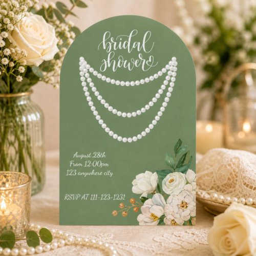 Green floral pearls bridal shower invitation
