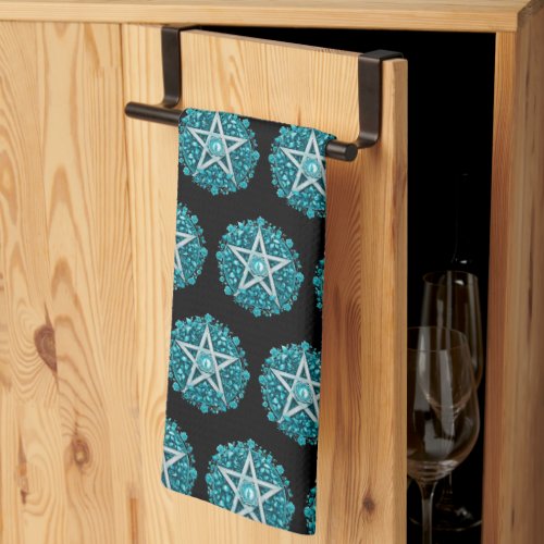 Green Floral Pentagram Witch Black Halloween Kitchen Towel