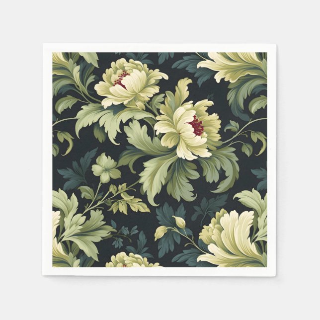 Green Floral Peony Modern Napkins (Front)