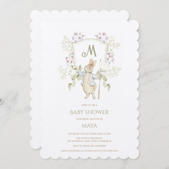 Green Floral Peter the Rabbit Monogram Baby Shower Invitation (Front/Back)