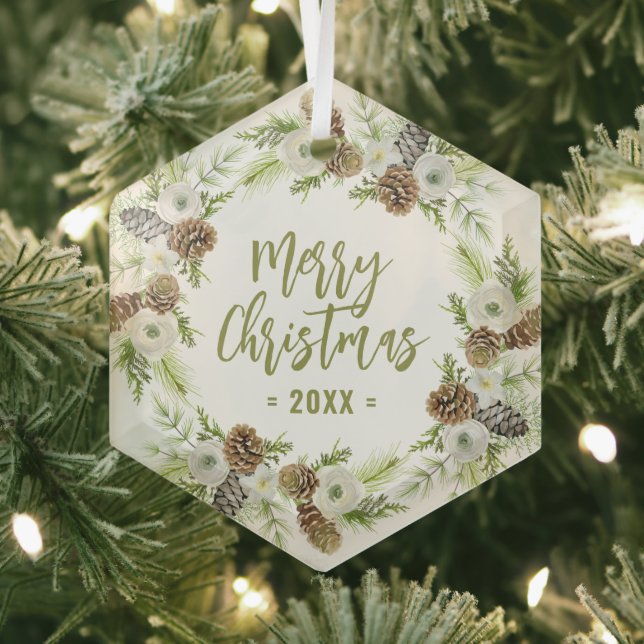 Green Floral Pines Christmas Wreath Glass Ornament (Insitu)