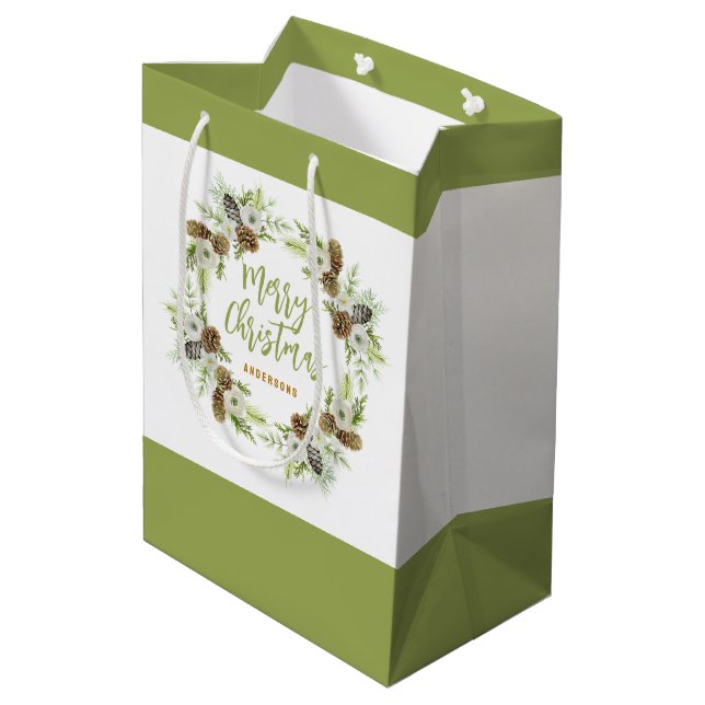 Green Floral Pines Christmas Wreath Medium Gift Bag (Back Angled)