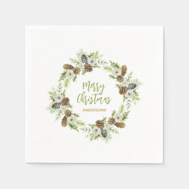 Green Floral Pines Christmas Wreath Napkins (Front)