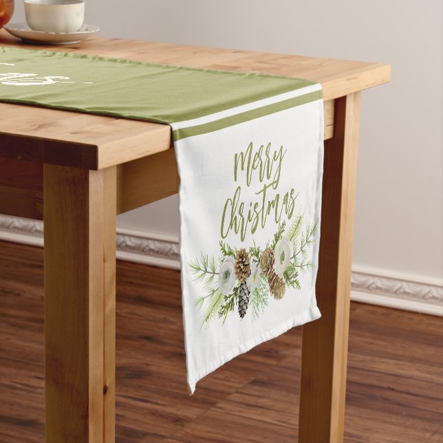 Green Floral Pines Christmas Wreath Short Table Runner (In Situ)
