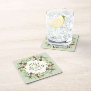 Green Floral Pines Christmas Wreath Square Paper Coaster
