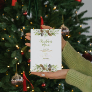 Green Floral Pines Wreath Christmas Menu Invitation