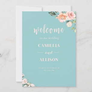 Green Floral pink Wedding Welcome Sign Invitation