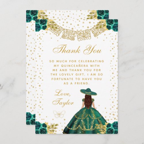 Green Floral Princess Charro Quinceaera Thank You Card