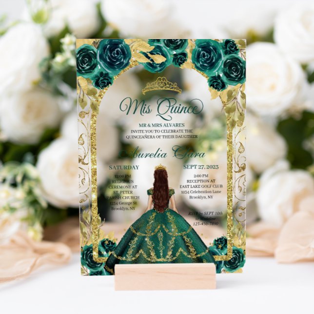 Green Floral Princess Gold Arch Quinceanera Acrylic Invitations (Creator Uploaded)