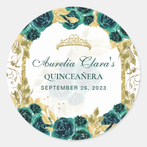 Green Floral Princess Gold Arch Quinceanera Classic Round Sticker