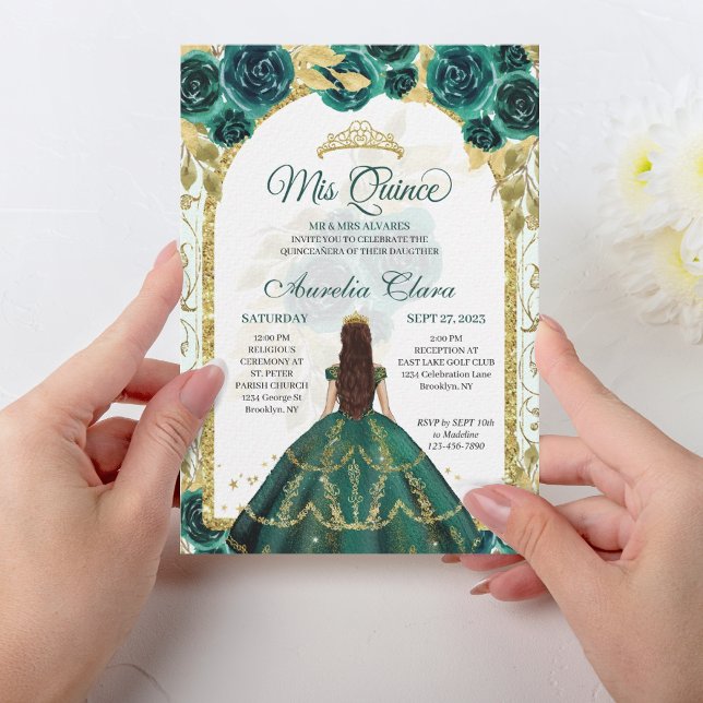 Green Floral Princess Gold Arch Quinceanera Invitation (Creator Uploaded)