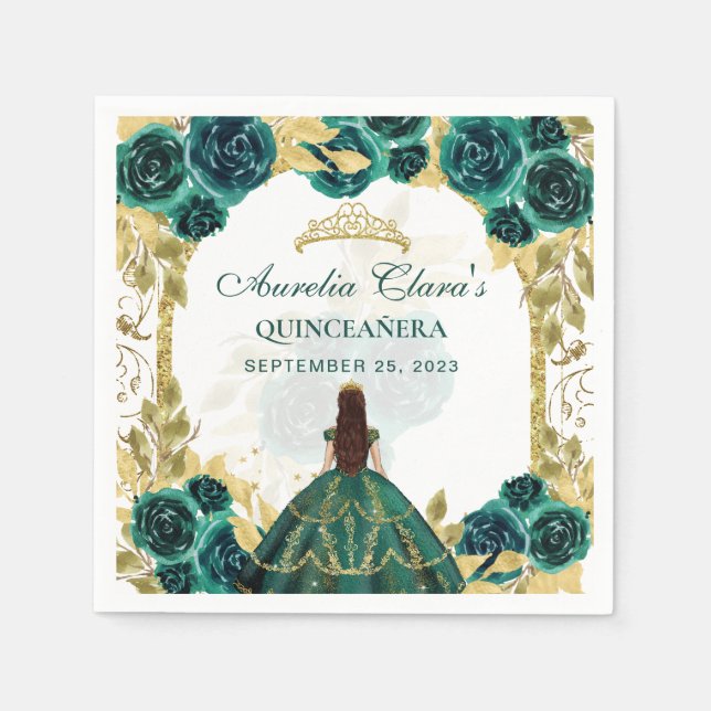 Green Floral Princess Gold Arch Quinceanera Napkins (Front)