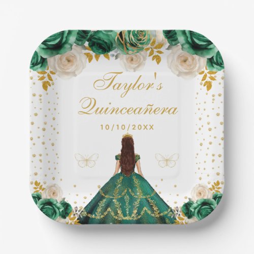 Green Floral Princess Quinceaera Paper Plates