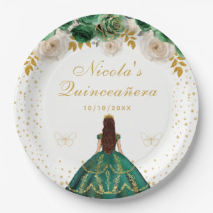 Green Floral Princess Quinceañera Paper Plates