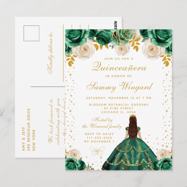 Green Floral Princess Quinceañera Postcard (Front/Back)