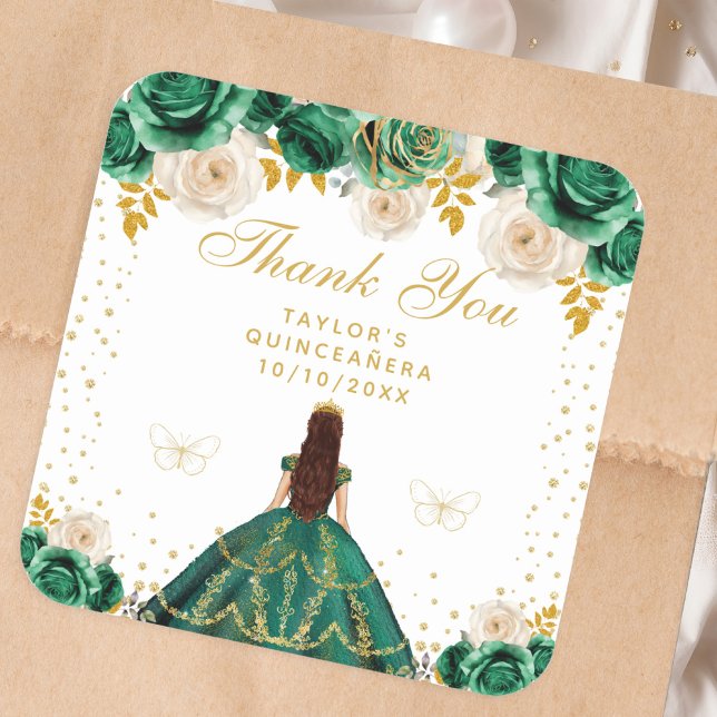 Green Floral Princess Quinceañera Square Sticker (Creator Uploaded)