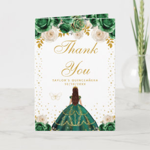Green Floral Princess Quinceañera Thank You Card