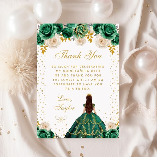 Green Floral Princess Quinceaera Thank You Card