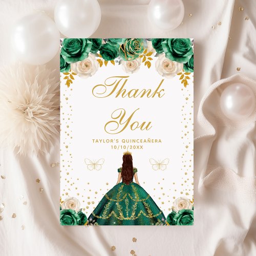 Green Floral Princess Quinceaera Thank You Card