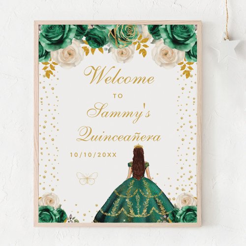 Green Floral Princess Quinceaera Welcome Poster