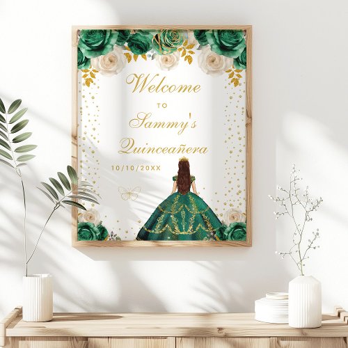 Green Floral Princess Quinceaera Welcome Poster