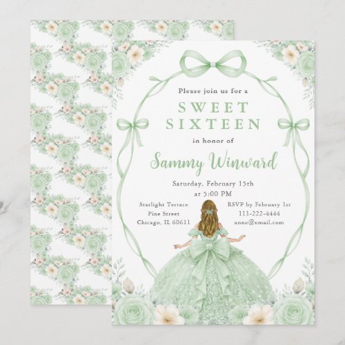 Green Floral Princess Sweet Sixteen Birthday Party Invitation
