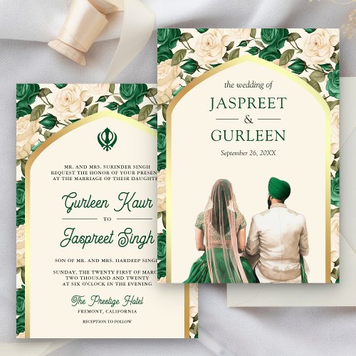 Green Floral Punjabi Anand Karaj Sikh Wedding Invitation