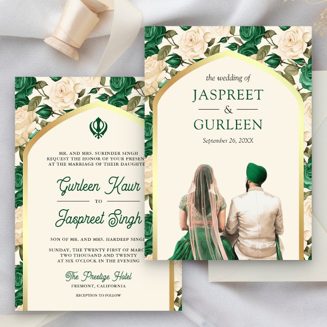 Green Floral Punjabi Anand Karaj Sikh Wedding Invitation (Creator Uploaded)