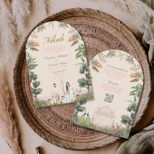 Green floral QR code muslim wedding invitation