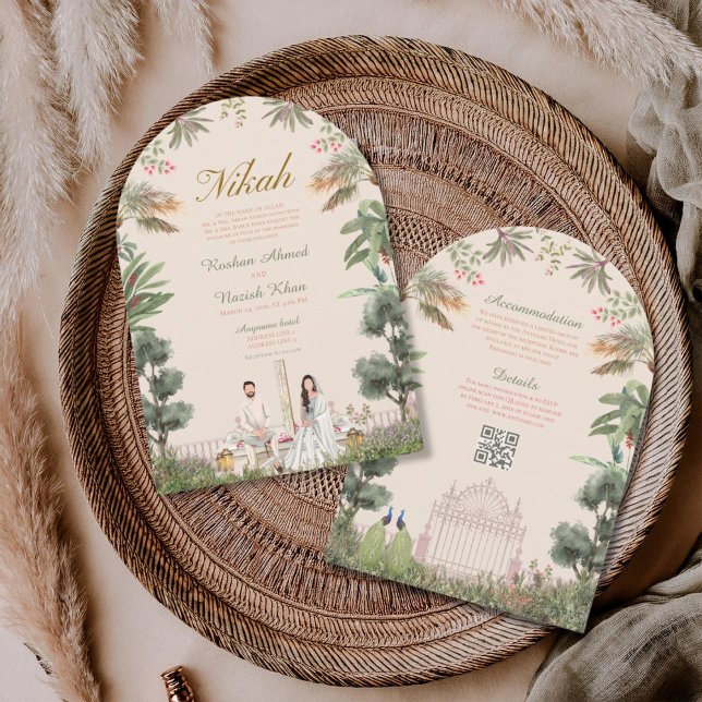 Green floral QR code muslim wedding invitation (Creator Uploaded)