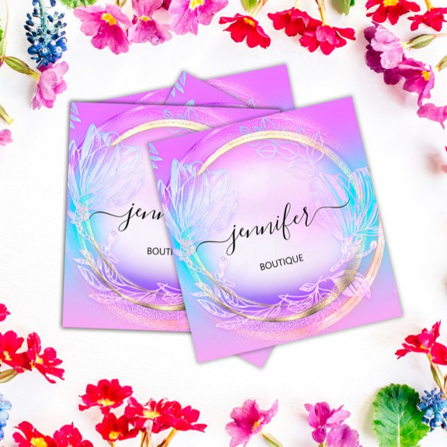  Green Floral QRCode Professional Shop Pink Blue Square Business Card (Green Floral QRCode Professional Shop Pink Blue Square Business Card)